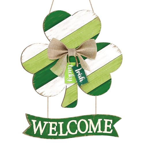 Sophena Wooden St Patricks Day Wreaths for Front Door Decoration Shamrock Door Sign with Bow Wall Signs Clover Spring Decoration Irish Sign Welcome Hanging for Home Decor Party Outdoor Indoor Supply - Image 1