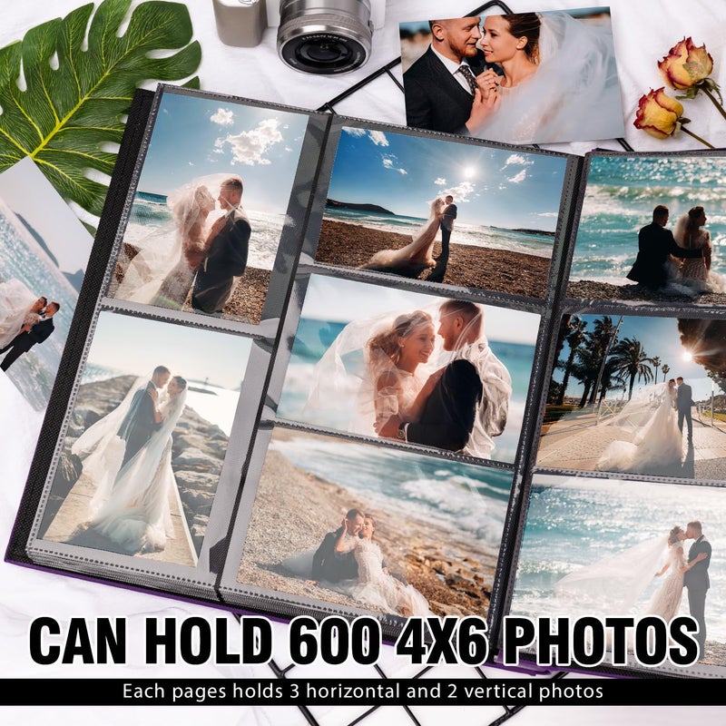 Colemoly Photo Album 4x6 600 Photos, Leather Cover Extra Large Capacity Holds 600 Horizontal and Vertical 4x6 Pictures Record Valentine's Day Christmas Holiday Commemorative Gift(Black, 600 Pockets) - Image 4