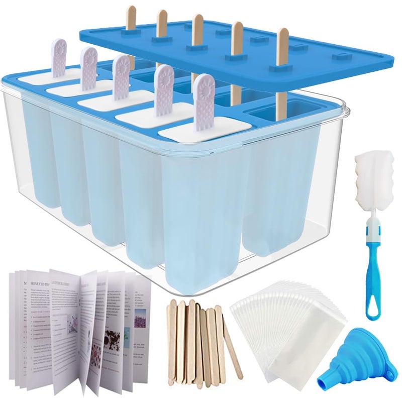 Miaowoof Homemade Popsicle Molds 10Cav NonBPA Silicone Ice Pop Maker with 50 Sticks 50 Bags 10 Reusable Sticks Funnel Brush and Ice Pop Recipe BlueBin