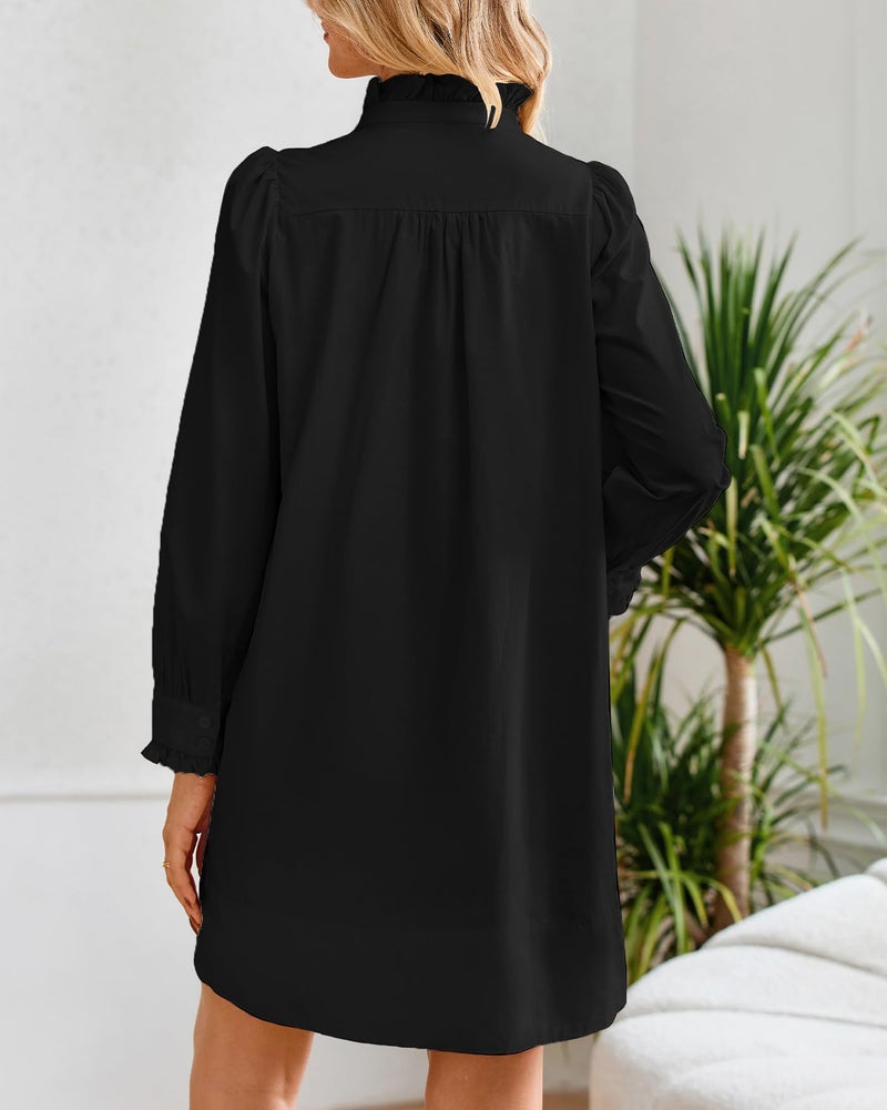YEXPINE Women's Puff Long Sleeve Stand Ruffle Collar Mini Dress Casual A Line Shift Dress with Pockets Black - Image 5