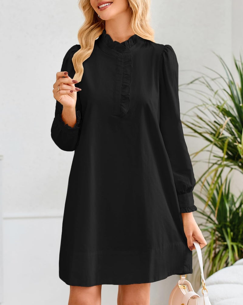 YEXPINE Women's Puff Long Sleeve Stand Ruffle Collar Mini Dress Casual A Line Shift Dress with Pockets Black - Image 2