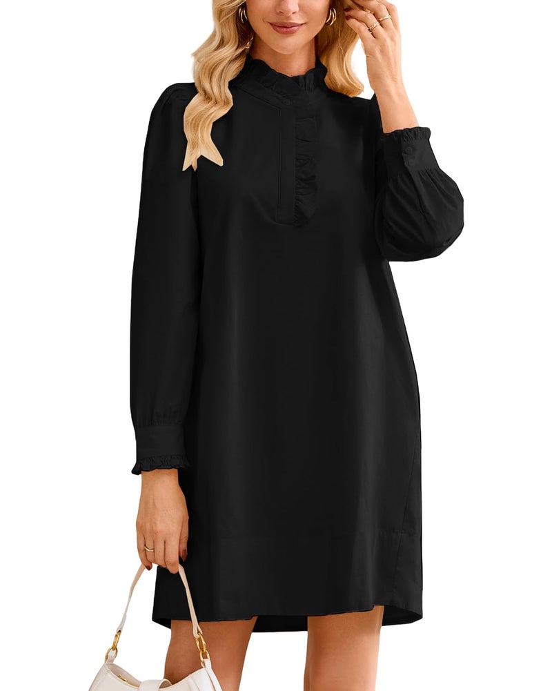 YEXPINE Women's Puff Long Sleeve Stand Ruffle Collar Mini Dress Casual A Line Shift Dress with Pockets Black - Image 1