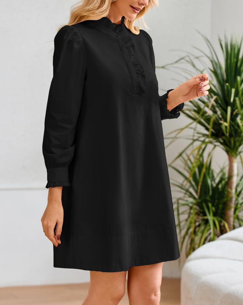 YEXPINE Women's Puff Long Sleeve Stand Ruffle Collar Mini Dress Casual A Line Shift Dress with Pockets Black - Image 4