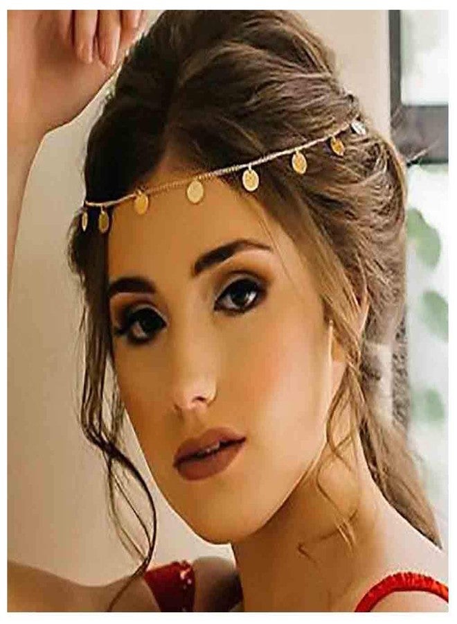 CHIROGRAPHY سلسلة رأس مطلية بالذهب بتصميم بوهيمي للنساء والفتيات من CHIROGRAPHY | طوق رأس مزين بقطع معدنية رقيقة | إكسسوار شعر للعرائس في حفلات الزفاف والمهرجانات | غطاء رأس بوهيمي خفيف الوزن وقابل للتعديل - Image 1