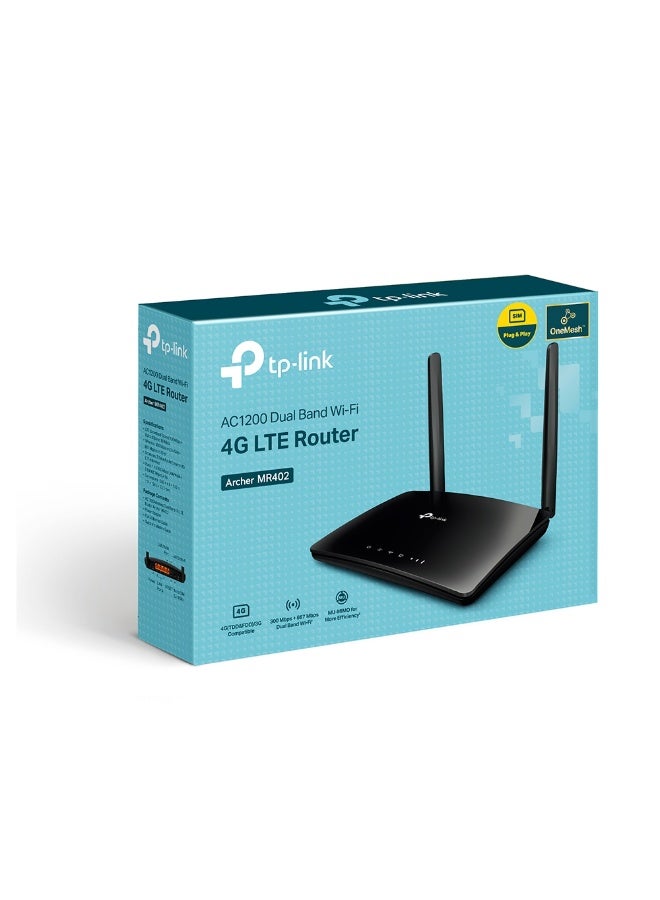 تي بي لينك موجه واي فاي لاسلكي Archer MR402 AC1200 ثنائي النطاق 4G LTE، فتحة شريحة نانو SIM، سرعة تصل إلى 1200 ميجابت في الثانية (2.4GHz 300Mbps + 5GHz 867Mbps)، يدعم التحويل إلى 4G LTE/3G/DSL، 64 جهاز، 2 هوائي قابل للفصل، تحكم أبووي، شبكة ضيوف، تطبيق Tether، منافذ WAN/LAN، VPN، QoS، توصيل وتشغيل، متوافق مع الإمارات العربية المتحدة - Image 1
