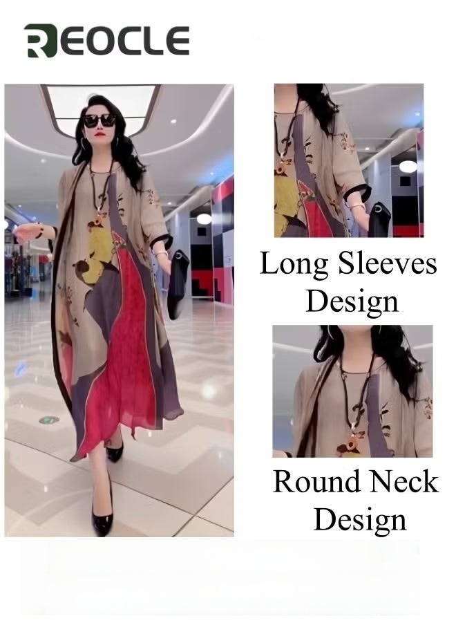 REOCLE Women's Silk Dress Pieces Elegant Outfit Soothing Solid Color Suit with Fashion Print Design & Relaxed Hem & Half Sleeve Design Summer Slim Dress  - Image 2