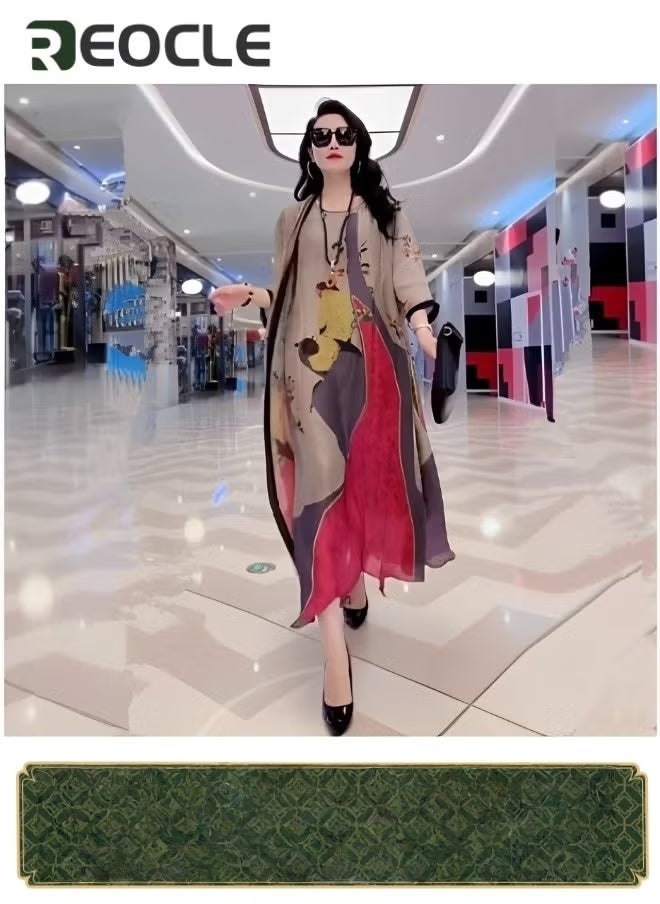 REOCLE Women's Silk Dress Pieces Elegant Outfit Soothing Solid Color Suit with Fashion Print Design & Relaxed Hem & Half Sleeve Design Summer Slim Dress  - Image 1