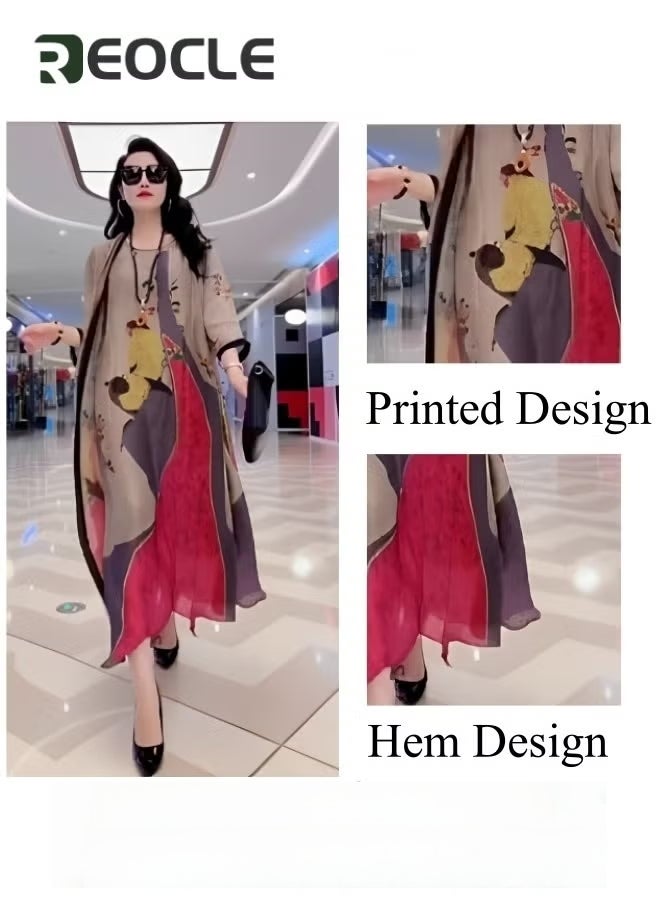 REOCLE Women's Silk Dress Pieces Elegant Outfit Soothing Solid Color Suit with Fashion Print Design & Relaxed Hem & Half Sleeve Design Summer Slim Dress  - Image 3