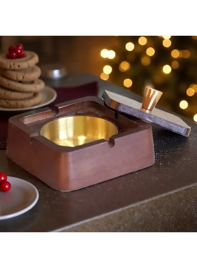 Square Wooden Box Ashtray With Built In Golden Interior Recycled Hardwood Cigar Holder Non Electric Smoking Tray For Home And Office Use Elegant Decor - Image 1