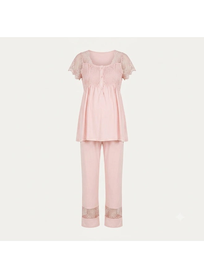 LADY Maternity & Nursing Pajama Set for Women - 2 Piece Turkish Cotton Viscose Sleepwear with Lace Details & Front Opening for Breastfeeding | Made in Turkey - Image 1