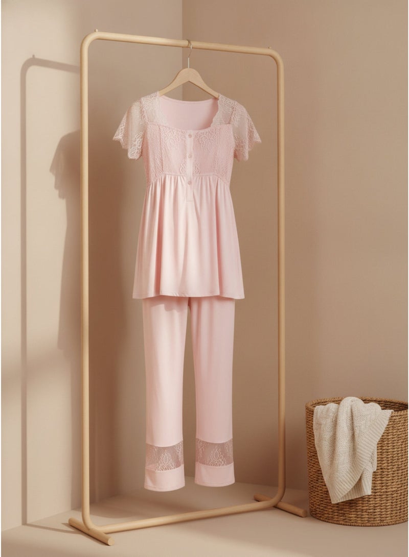 LADY Maternity & Nursing Pajama Set for Women - 2 Piece Turkish Cotton Viscose Sleepwear with Lace Details & Front Opening for Breastfeeding | Made in Turkey - Image 3