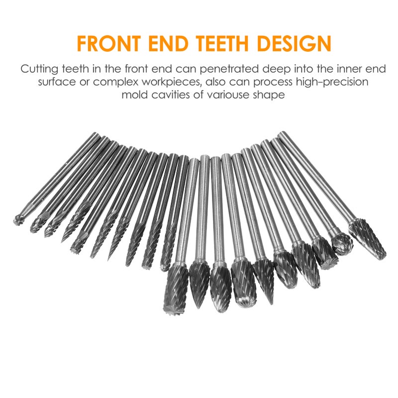 20pcs Double Cut Carbide Rotary Burr Set 1/8in Shank 1/4in and 1/8in Head Size Tungsten Steel Rotary Files Die Grinder Bits for Woodworking Drilling Metal Craving Engraving Polishing - Image 2