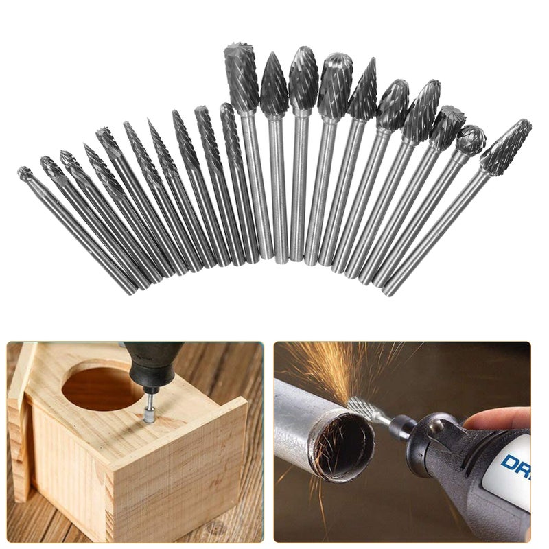 20pcs Double Cut Carbide Rotary Burr Set 1/8in Shank 1/4in and 1/8in Head Size Tungsten Steel Rotary Files Die Grinder Bits for Woodworking Drilling Metal Craving Engraving Polishing - Image 3