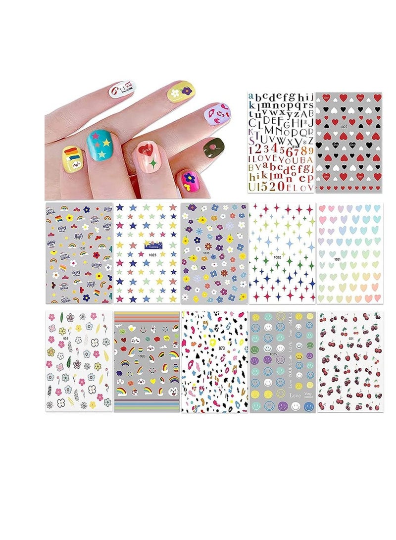 SYOSI 12 Sheets 3D Nail Art Stickers Decals, Nail Stickers for Women Kids Girls Self Adhesive Nail Toe Decals for DIY Nail Art Decoration Include Hearts Stars Flowers Rainbow Letters Cherry Ect - Image 1
