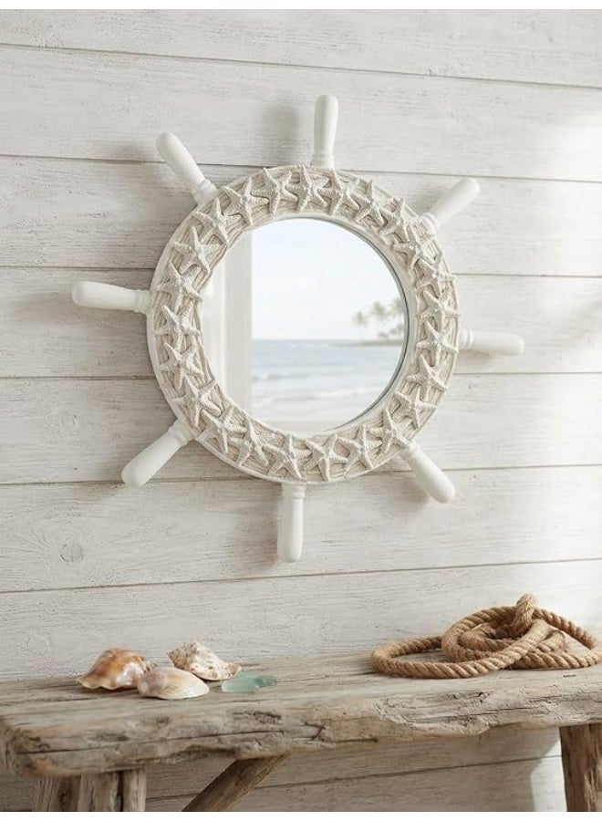 مرآة حائط دائرية خشبية بتصميم عجلة سفينة بحرية مع زينة نجوم البحر وشبكة صيد - Hand Made - ديكور ساحلي للمنزل والغرف والشاليهات (ابيض) - Image 1
