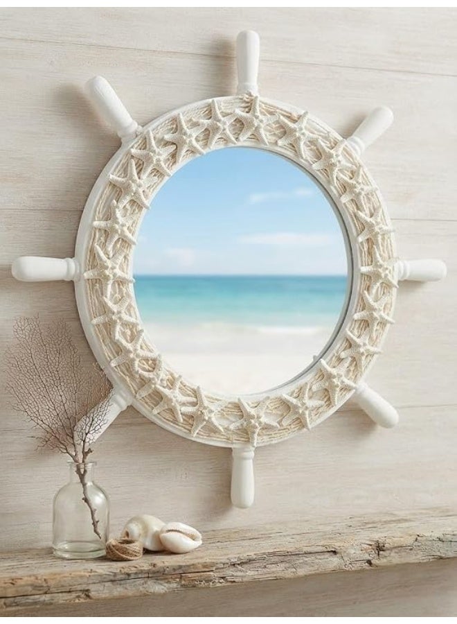 مرآة حائط دائرية خشبية بتصميم عجلة سفينة بحرية مع زينة نجوم البحر وشبكة صيد - Hand Made - ديكور ساحلي للمنزل والغرف والشاليهات (ابيض) - Image 2