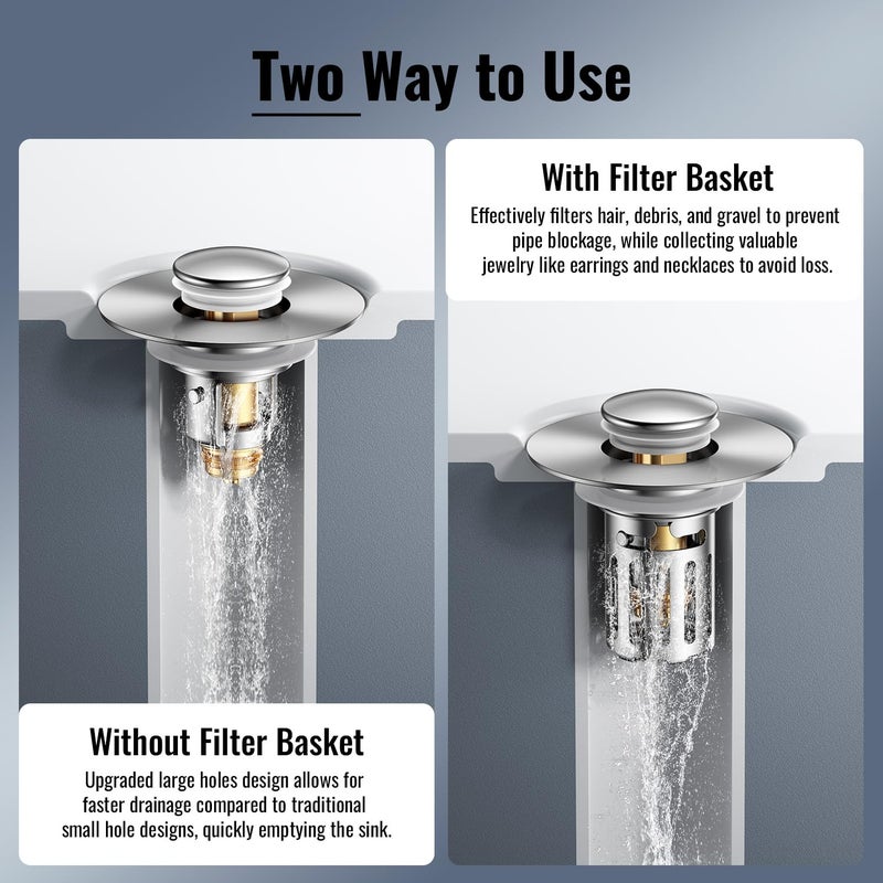 JOMSTHOME (2 Pc) Bathroom Sink Stopper-All Metal Sink Stopper-Universal Fit 99% Bathroom Sink Stopper with Removable Stainless Steel Hair Catcher-Bathroom Sink Drain Strainer for (1.1'' to 2.36'' inch) Drain - Image 2