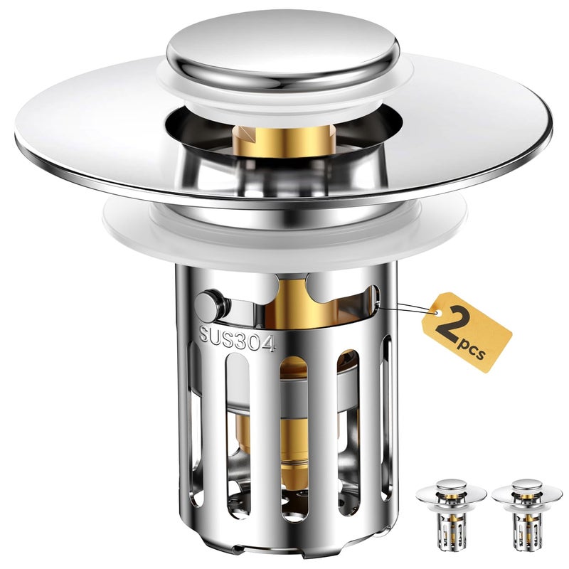 JOMSTHOME (2 Pc) Bathroom Sink Stopper-All Metal Sink Stopper-Universal Fit 99% Bathroom Sink Stopper with Removable Stainless Steel Hair Catcher-Bathroom Sink Drain Strainer for (1.1'' to 2.36'' inch) Drain - Image 1