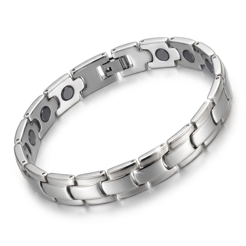 A luxurious men's bracelet crafted from rust-resistant stainless steel, featuring a geometric ring design in a lustrous silver finish. It incorporates internal magnetic elements for added allure. - Image 1