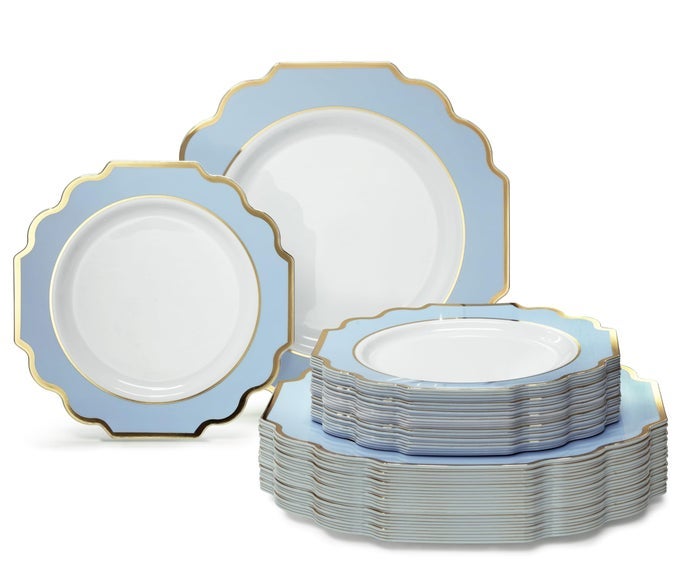 OCCASIONS 80 PLATES PACK40 GUESTS HEAVYWEIGHT WEDDING PARTY DISPOSABLE PLASTIC PLATES SET 40 X 105 DINNER 40 X 8 SALADDESSERT PLATE IMPERIAL IN WHITEBLUE GOLD
