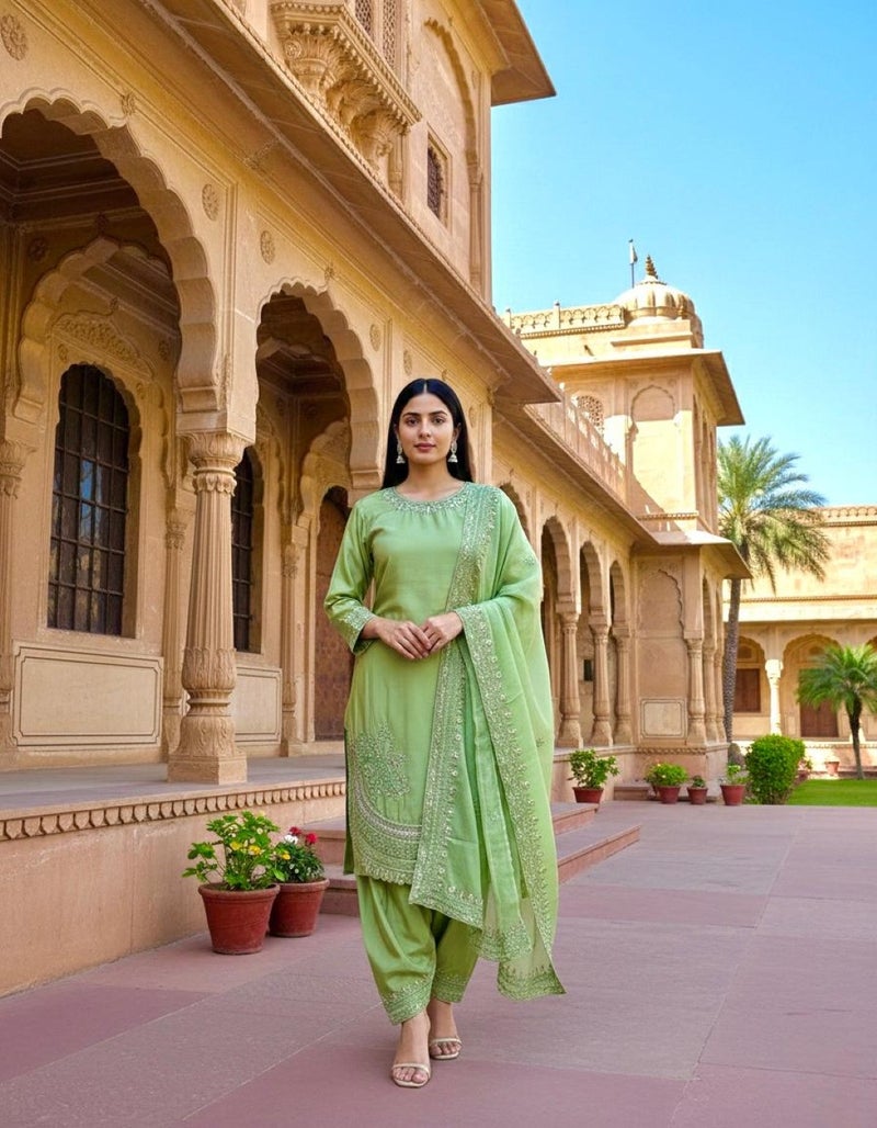 ANAITA Green Crepe Readymade Suit with Embroidery & Sequence Work - Image 1