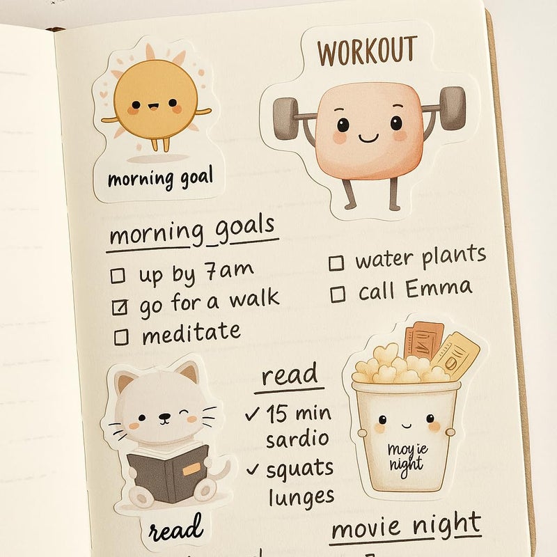 OBUJOPAL 250 Pcs Planner Stickers, Kawaii Cute Daily Life Self-Care Stickers for Calendar Notebook Diary Bullet Journal Scrapbook, 7 Sheets - Image 3