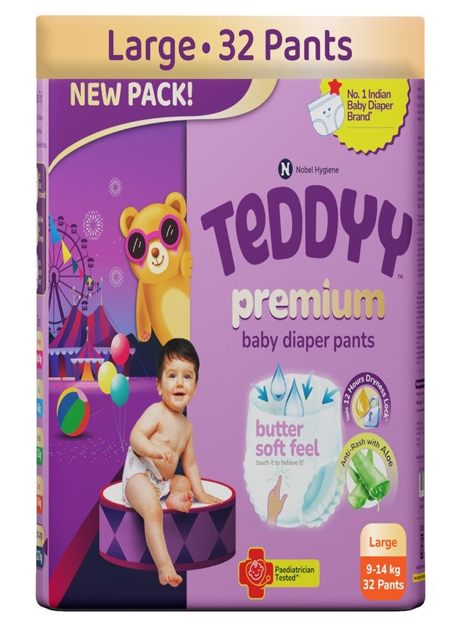 Teddyy Premium Baby Diaper L size, Pant Style | Large (9-14 kg), 32 Pants | Butter Soft Feel, Anti-Rash with Aloe Vera, 12 Hours Dryness Lock - Image 1