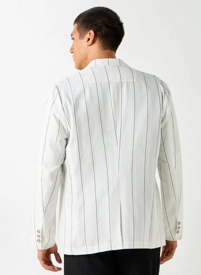 Iconic Iconic Seersucker Striped Blazer with Button Closure and Long Sleeves