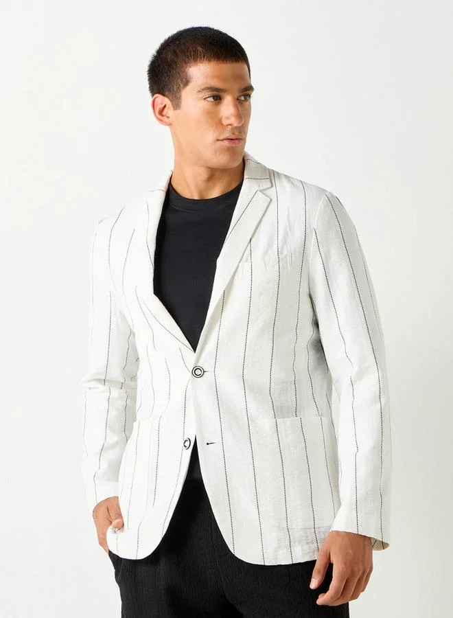 Iconic Seersucker Striped Blazer with Button Closure and Long Sleeves