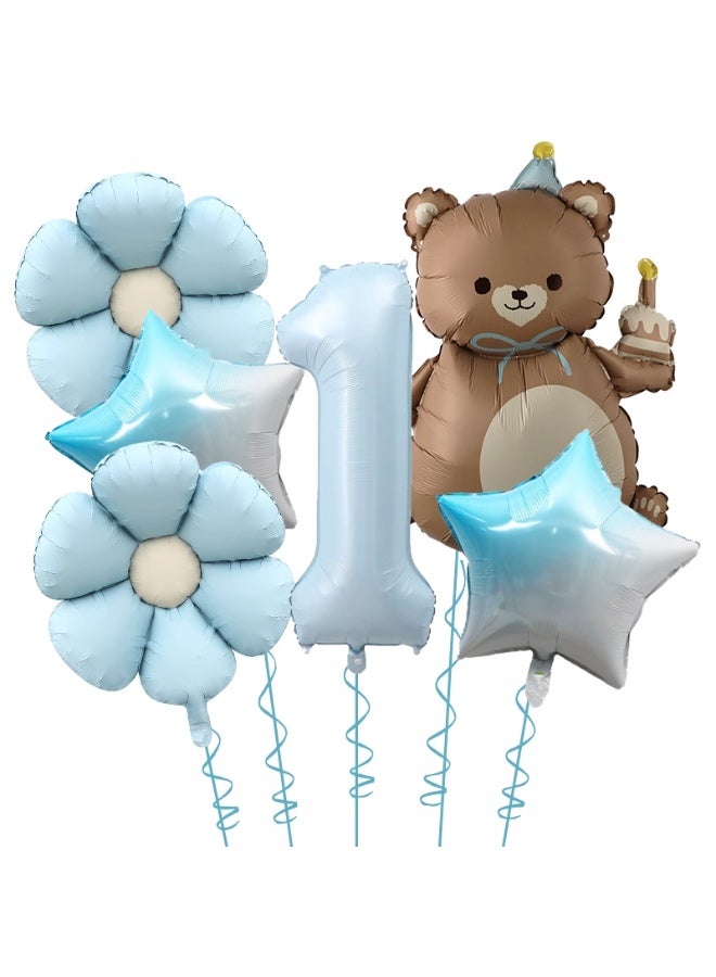 Party 1st Birthday Party Decoration Supplies 40 Inch Matte Blue Digital Bear Daisy Flower Aluminum Film Balloon Set - Image 1