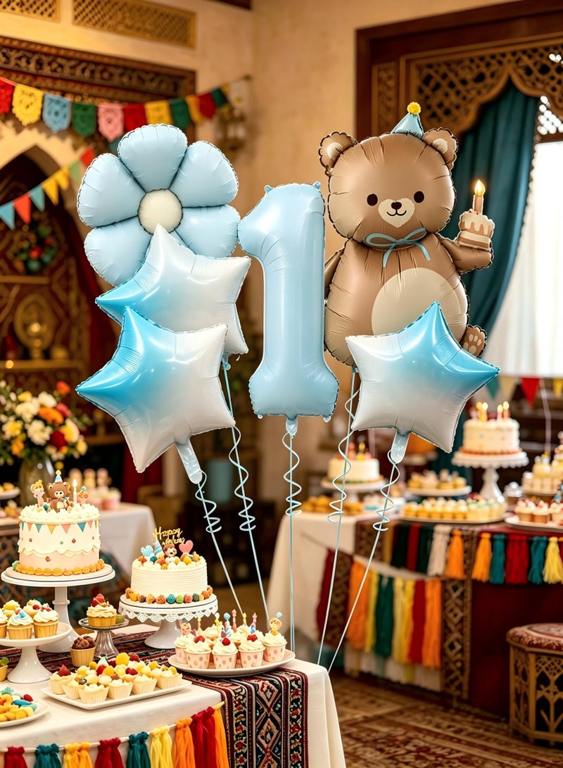 Party 1st Birthday Party Decoration Supplies 40 Inch Matte Blue Digital Bear Daisy Flower Aluminum Film Balloon Set - Image 3