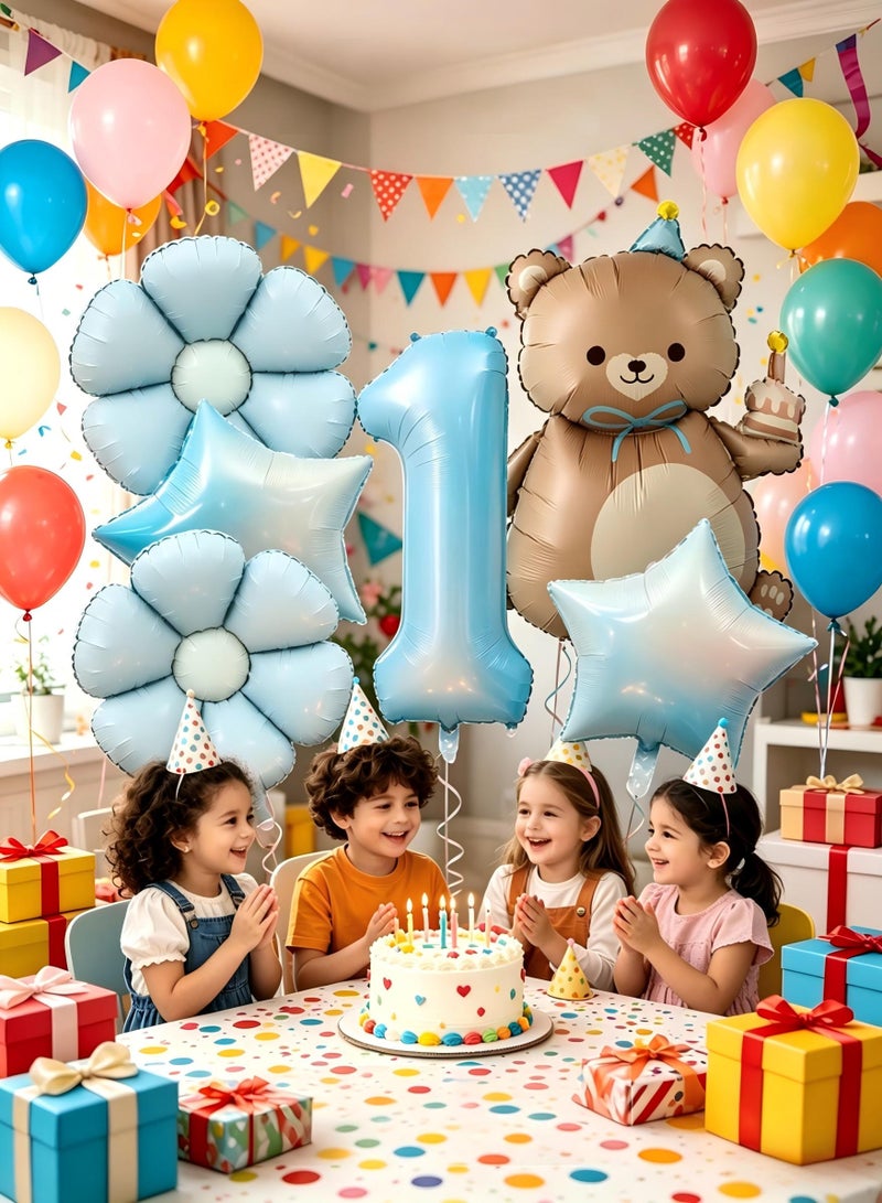 Party 1st Birthday Party Decoration Supplies 40 Inch Matte Blue Digital Bear Daisy Flower Aluminum Film Balloon Set - Image 2