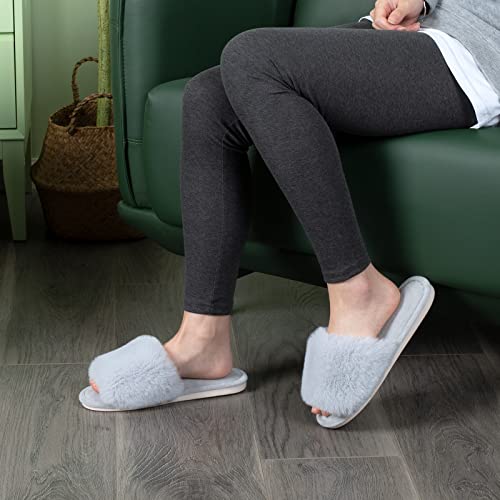 Parlovable Women's Faux Fur Slippers Fuzzy Flat Spa Fluffy Open Toe House Shoes Indoor Outdoor Slip on Memory Foam Slide Sandals Grey 7-8 - Image 5