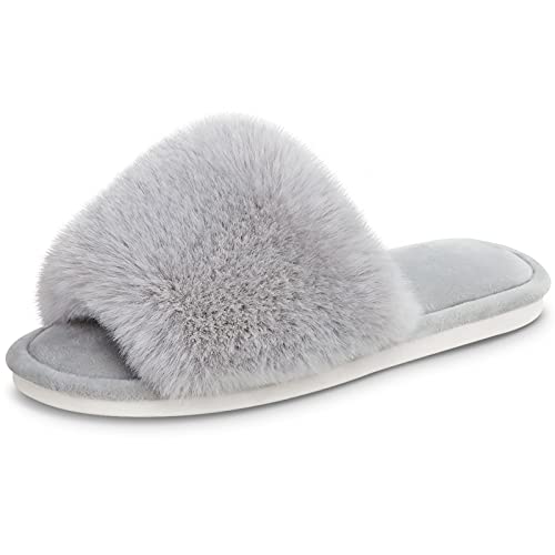 Parlovable Women's Faux Fur Slippers Fuzzy Flat Spa Fluffy Open Toe House Shoes Indoor Outdoor Slip on Memory Foam Slide Sandals Grey 7-8 - Image 1