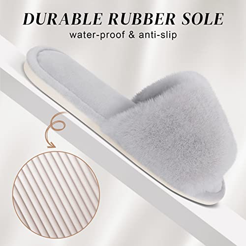 Parlovable Women's Faux Fur Slippers Fuzzy Flat Spa Fluffy Open Toe House Shoes Indoor Outdoor Slip on Memory Foam Slide Sandals Grey 7-8 - Image 2