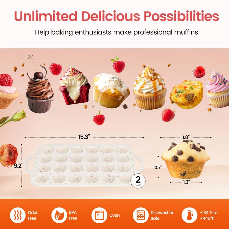 Fimary Silicone Muffin Pans With Metal Reinforced Frame - 24 Cups Durable Silicone Baking Pan for Muffins, Cupcakes, BPA Free and Dishwasher Safe - Beige with Rainbow Spots, Set of 2 - Image 5