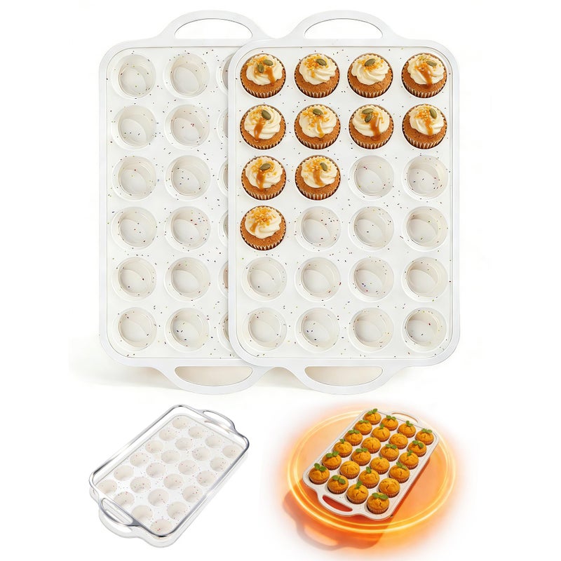 Fimary Silicone Muffin Pans With Metal Reinforced Frame - 24 Cups Durable Silicone Baking Pan for Muffins, Cupcakes, BPA Free and Dishwasher Safe - Beige with Rainbow Spots, Set of 2 - Image 1