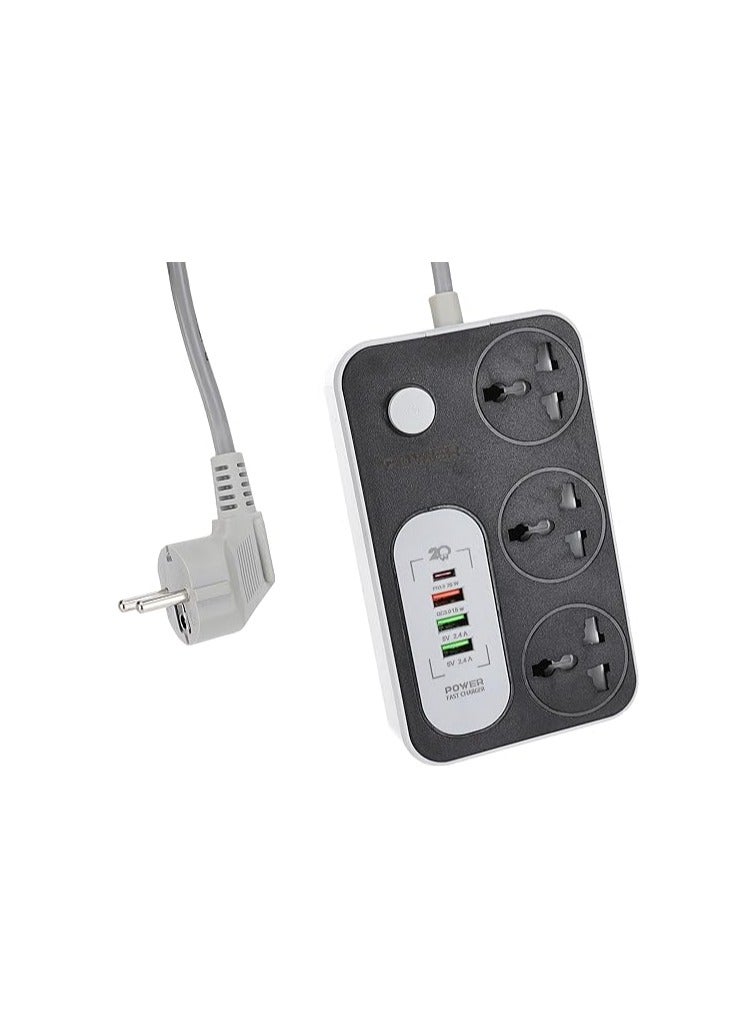 ws343 power strip 220v with 3 universal international socket,1 fast charging socket 18w,1 type c charging ports 20w and 2 usb charging ports 2.4a - black grey  - Image 1