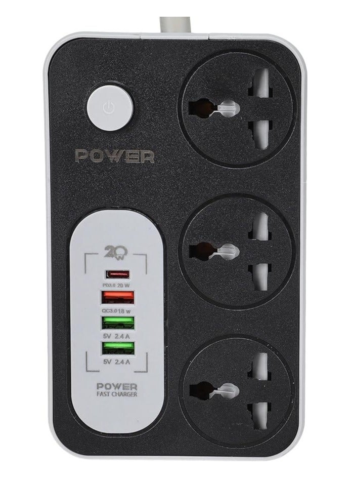ws343 power strip 220v with 3 universal international socket,1 fast charging socket 18w,1 type c charging ports 20w and 2 usb charging ports 2.4a - black grey  - Image 2