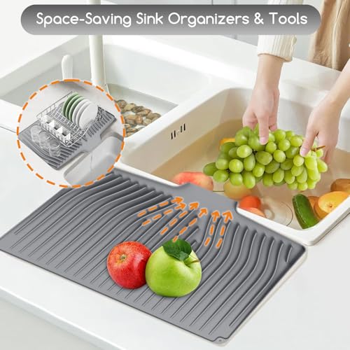 CCDANSIYUCR Large Premium Silicone Dish Drainers for Kitchen Counter 185x13 NonSlip HeatResistant 450F with Hanging Hole MultiUse Dish Rack Mat Gray - Image 3