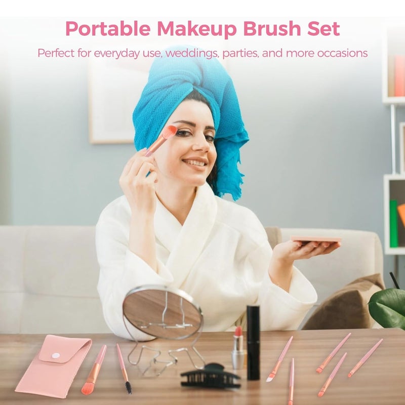 8-Piece Portable Makeup Brush Kit With Pouch, Synthetic Fiber Brushes For, Blush, Eye Makeup, Bridesmaid Gift - Image 2