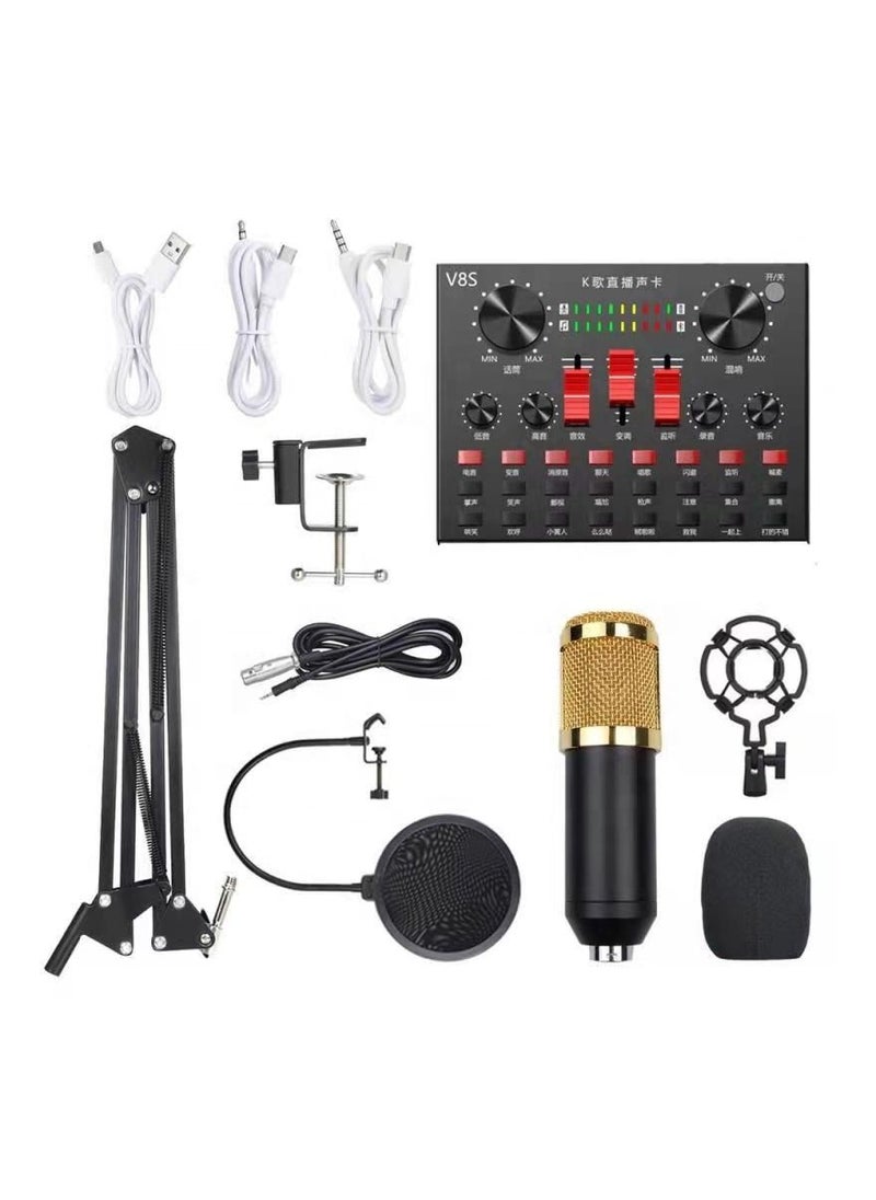 V8s Professional Condenser Microphone With V8S Live Sound Card And Studio Recording Broadcasting Set Black/Gold  - Image 1