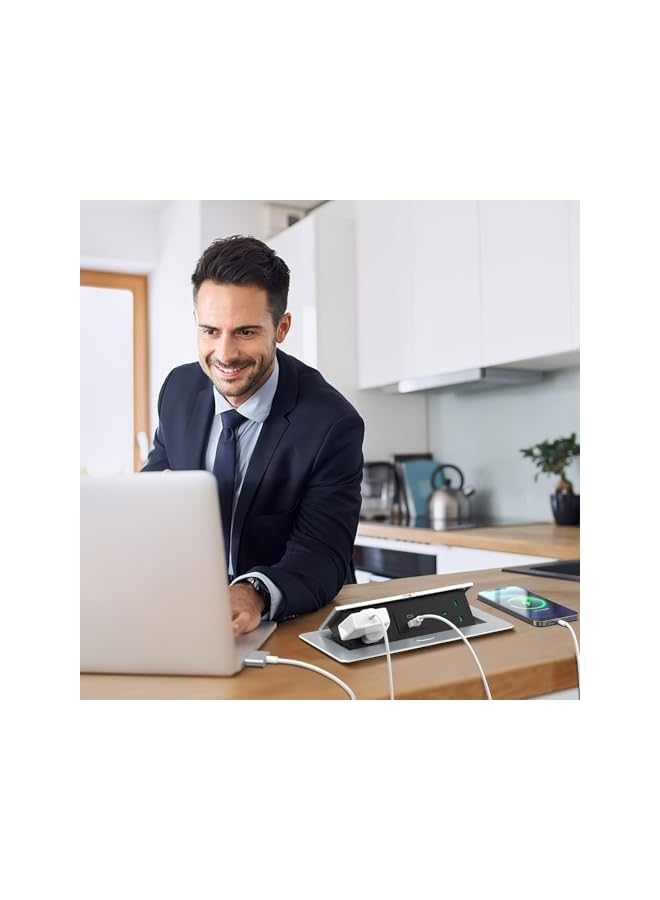 The Bros مأخذ طاقة مدمج، مأخذ كهربائي قابل للظهور مع 2 مأخذ بريطاني، 1 منفذ شاحن USB و 1 منفذ شاحن Type-C، مأخذ مدمج من الألمنيوم لسطح المكتب بطول كابل 1.8 متر، 3250 واط/13 أمبير - Image 3