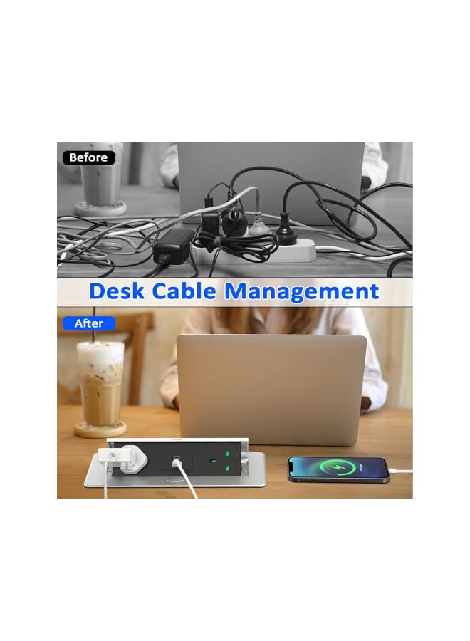 The Bros مأخذ طاقة مدمج، مأخذ كهربائي قابل للظهور مع 2 مأخذ بريطاني، 1 منفذ شاحن USB و 1 منفذ شاحن Type-C، مأخذ مدمج من الألمنيوم لسطح المكتب بطول كابل 1.8 متر، 3250 واط/13 أمبير - Image 5