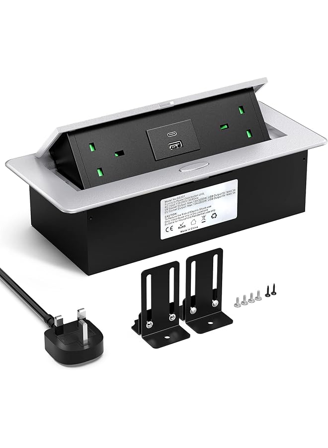 The Bros مأخذ طاقة مدمج، مأخذ كهربائي قابل للظهور مع 2 مأخذ بريطاني، 1 منفذ شاحن USB و 1 منفذ شاحن Type-C، مأخذ مدمج من الألمنيوم لسطح المكتب بطول كابل 1.8 متر، 3250 واط/13 أمبير - Image 1