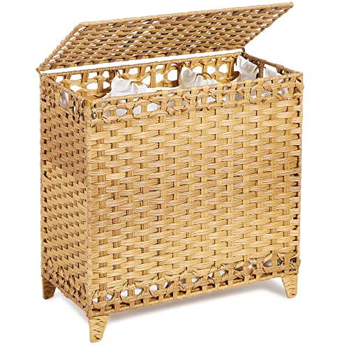 Hermina Laundry Hamper with 3 Removable Liner Bags; 132L Handwoven Rattan Laundry Basket with Lid & Heightened Feet; Clothes Hamper with Side Handles; Laundry Sorter with 3 Separate Sections - Image 1