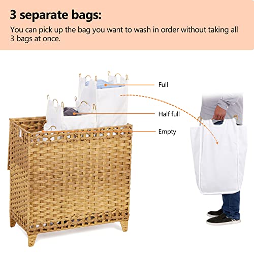 Hermina Laundry Hamper with 3 Removable Liner Bags; 132L Handwoven Rattan Laundry Basket with Lid & Heightened Feet; Clothes Hamper with Side Handles; Laundry Sorter with 3 Separate Sections - Image 3