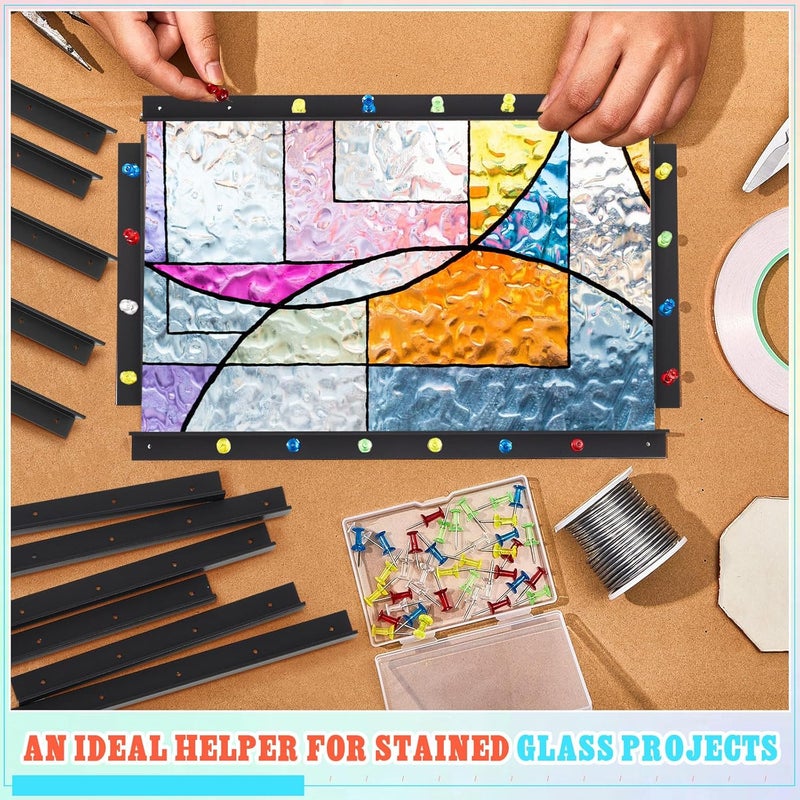 Spakon 12 Pcs Stained Glass Supplies Layout Block System 12 Inch 6 Inch 3 Inch for Stained Glass Panels with 60 Mix Color Push Pins Tools, 3 Sizes (Black) - Image 2
