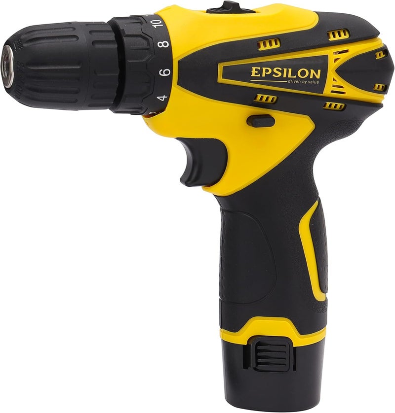 إبسلون مثقاب لاسلكي 12 فولت - Ecd1037 مقاس المقبض 10 مم، مثالي للمنزل والعمل، سرعة بدون تحميل 0-400/0-1400 دورة في الدقيقة، يتضمن ملحقات باللونين الأسود والأصفر - Image 3
