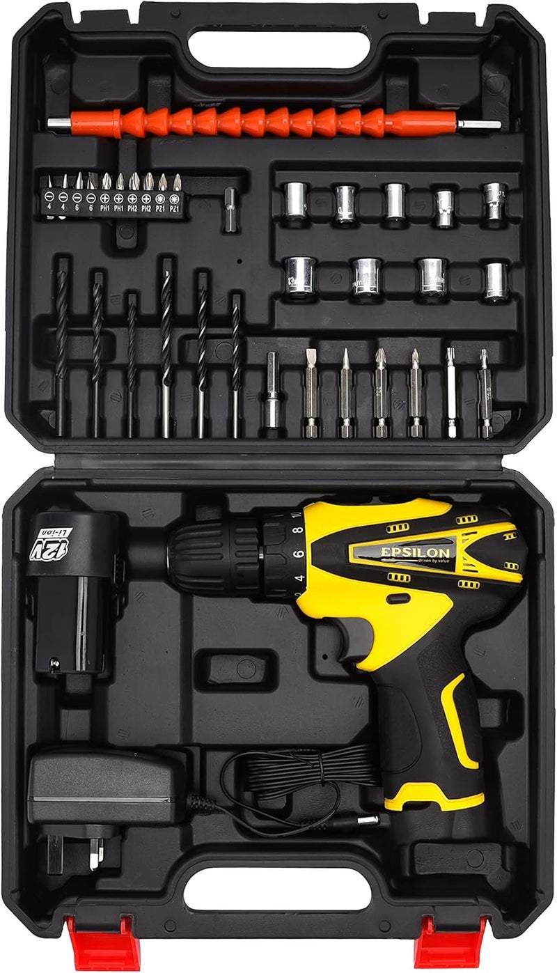 إبسلون مثقاب لاسلكي 12 فولت - Ecd1037 مقاس المقبض 10 مم، مثالي للمنزل والعمل، سرعة بدون تحميل 0-400/0-1400 دورة في الدقيقة، يتضمن ملحقات باللونين الأسود والأصفر - Image 1